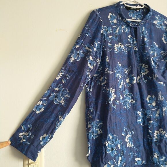Zara Top Blouse Tunic Woman L/M*Blue Floral Silk Blend Long Sleeve Keyhole - Picture 2 of 11